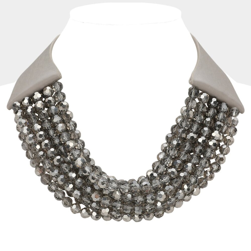 NEW Stunning Faceted Beaded 7-Strand Bib Statement Necklace Gray Pink Blue NWT